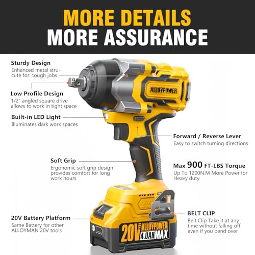 Cordless Impact Wrench, 900Ft-lbs (1200N.m) 1/2" Brushless Impact Gun, 20V High Torque Power Impact Driver, 2x4.0Ah Batteries,Brushless Motor 2400 RPM Variable Speeds for Family Car/Pickup Truck/Mower