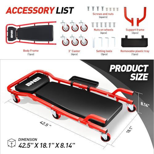 DNA MOTORING TOOLS-00271 Rolling Car Creeper with 3-leves Adjustable Headrest & 6 Casters,300lbs Max Weight Capacity,Red - color: Red