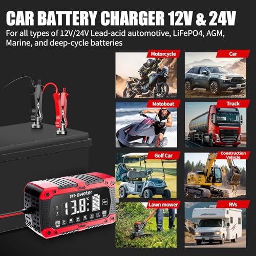 12A Smart Car Battery Charger, 12V/24V Automatic Battery Maintainer & Desulfator - Compatible with LiFePO4 Lithium, AGM, Gel, SLA, Lead-Acid for Truck, Motorcycle, Lawn Mower, Boat