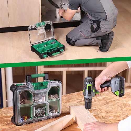 SK 13.5-Inch Small Part Organizer, Stackable Tools Box Organizer with 7 Compartments and Removable Dividers, Transparent Lid, Waterproof & Impact-Resistant Design, for Small Tools and Accessories - size: 13.5-Inch Small Part Organizer