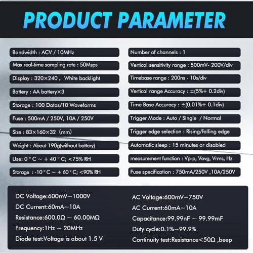 Portable Digital Multimeter Oscilloscope Automotive | 10MHz bandwidth. 50Msps sampling rate. 6000 counts display. Built in 250V explosion proof fuse. Stores 100 data sets. - color: ET828
