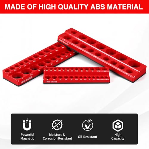 TOOLEAGUE 6Pcs Magnetic Socket Organizer Set,1/4", 3/8", 1/2" Hold 143 Pcs | Strong Magnets, Clear Sockets Size Markings, Red Metric & Black SAE Magnetic Socket Trays (Black, Red)