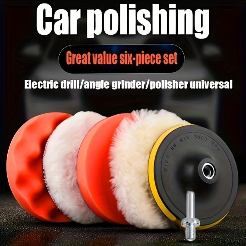 6Pcs 3" Wool Polishing Pad Kit with M10 Drill Adapter, Drill Buffer Attachment for Car Polishing Waxing, Foam Buffing Pads Set for Auto Detailing, Headlight Restoration, Metal Wood Resin Glass Surface
