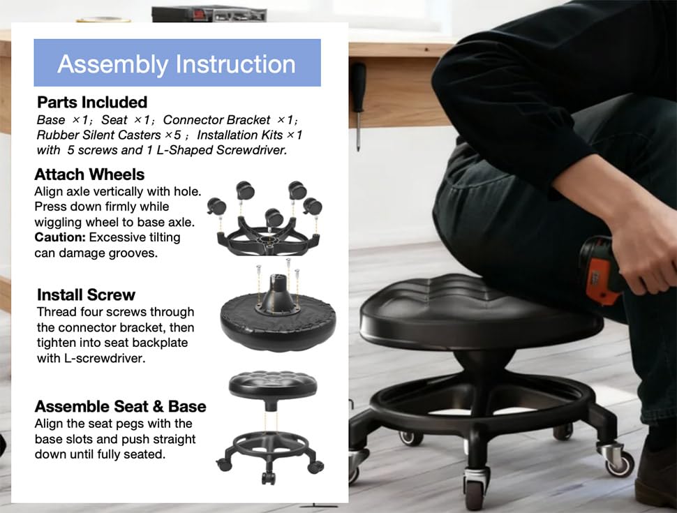 Upgraded Low-Profile Rolling Stool with 360° Smooth Rubber Wheels – Heavy-Duty 450lbs, Puffed PU Seat & Anti-Tip Base | Ideal for Home, Office, Salon, Workshop, Mechanic, Garage, White - style: Puffed Black Seat White Frame