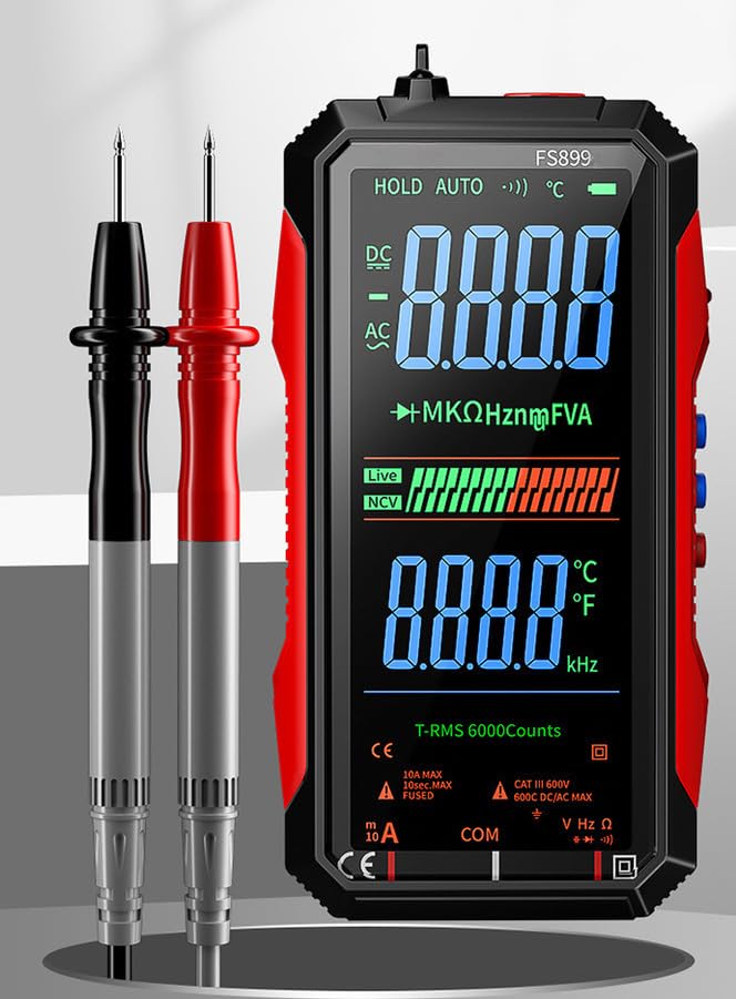 Rechargeable Digital Multimeter 6000 Counts True RMS Smart Tester with 5-Inch Screen, Auto-Range, NCV Detection, Capacitance & Temperature for Home Automotive Industrial Electrical Repairs (Red)