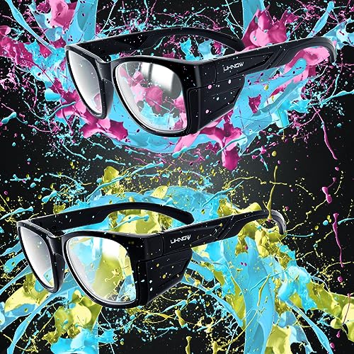 UKNOW Safety Glasses - Anti Fog Lenses - Eye Protection with Side Shields - ANSI Z87.1 Protective Eyewear - UV Protection - color: Black With Blue & Yellow Splatters