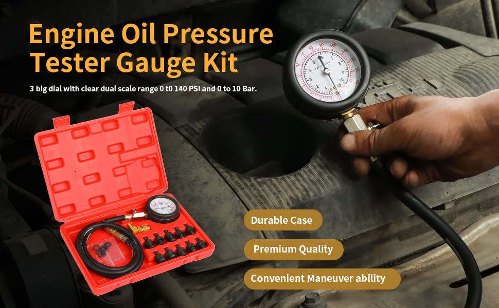 Oil Pressure Tester Tool, Oil Pressure Gauge kit, 0-140 PSI PressureTestDiagnostic Tools, Engine Oil Pressure Tester Tool kit, for car Truck - color: red-1
