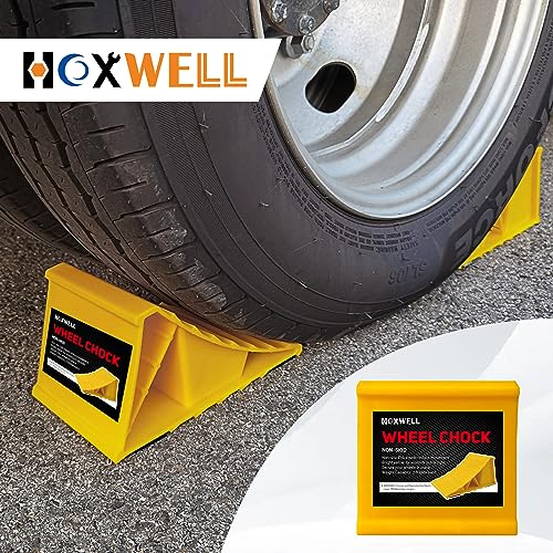 HOXWELL 2 Pairs Wheel Chocks for Travel Trailers, Non Slip Heavy Duty Yellow Wheel Chock, Lightweight Wheel Stoppers for Cars Camper Trucks RVs, Easy to Carry & Suitable for Most Tyre Sizes