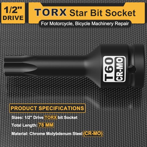 1/2" Drive T60 Torx Bit Socket, Star Bit Socket, CR-MO Steel, Motorcycle, Bicycle Machinery Repair - size: 1/2" T60 Deep