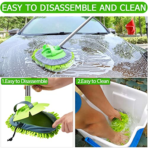 WillingHeart 47.5" Car Wash Brush Mop Cleaning Tool with Long Handle Kit for Washing Detailing Cars Truck, SUV, RV, Trailer, Boat 2 in 1 Chenille Microfiber Sponge Duster Not Hurt Paint Scratch Free - color: Green