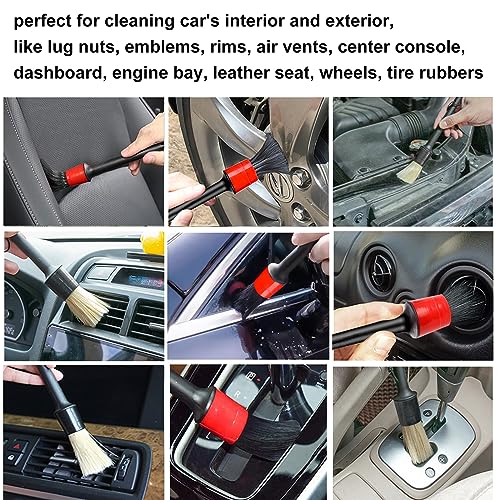 Detailing Brush Set - 10 Pcs Detail Brushes Car Detailing, Auto Boar Hair Car Detailing Kit for Cleaning Interior Exterior - Vehicles Wheels Leather Engine Dashboard - color: Car Detail Brushes Black+red