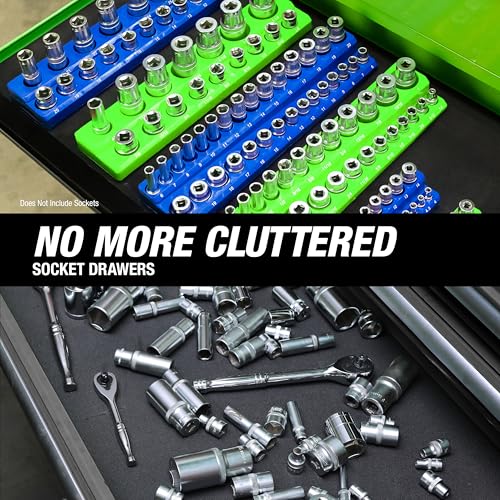 OEMTOOLS 22461 6 Pack Set Metric and SAE Magnetic Socket Tray Set, Green and Blue Socket Organizers, 1/4, 3/8, 1/2 Inch Drive Socket Organizer Tray Set - style: Green and Blue