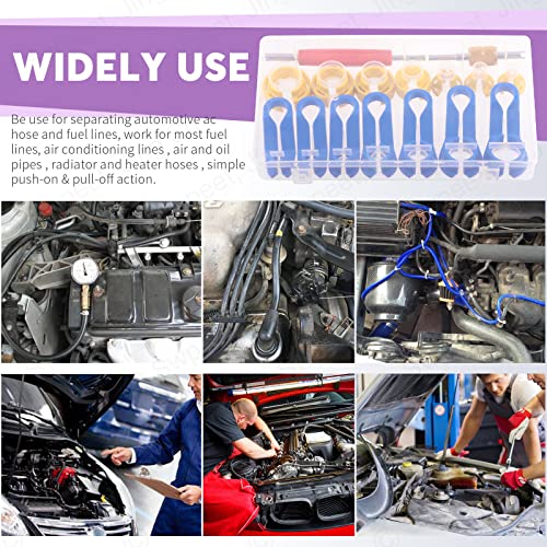 Swpeet 16Pcs Car Fuel Line Disconnect Removal Tool with Valve Core Remover Tool Kit, 1/4 5/16 3/8 1/2 5/8 3/4 7/8 Inch Air Conditioning Quick Disconnect Release Tool Kit Pipe for Auto Repair Tools