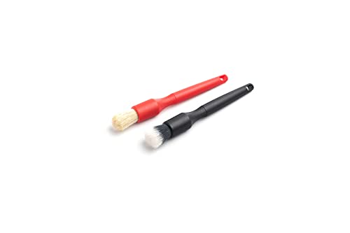 Detail Factory - Crevice Mini Detailing Brush Combo Kit - One Boar's Hair Brush + One Ultra-Soft Synthetic Brush, Heavy Cleaning Action for Small Spaces, Red + Black (2 Pack)