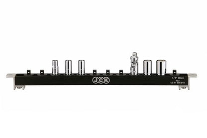 JCK 1/4" Drive Socket Organizer Rail, Brass Locking Studs, 12 Clips | Aluminum 1/4" socket rail with 12 brass-locking swivel clips, ball detent hold, and mounting holes for toolboxes or walls. - style: 1/4" Drive Socket Holder
