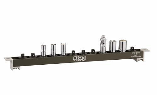 JCK 1/4" Drive Socket Organizer Rail, Brass Locking Studs, 12 Clips | Aluminum 1/4" socket rail with 12 brass-locking swivel clips, ball detent hold, and mounting holes for toolboxes or walls. - style: 1/4" Drive Socket Holder