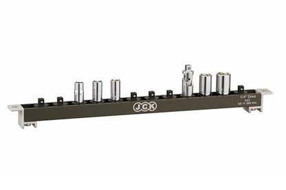 JCK 1/4" Drive Socket Organizer Rail, Brass Locking Studs, 12 Clips | Aluminum 1/4" Socket Rail with 12 Brass-Locking Swivel Clips, Ball Detent Hold, and Mounting Holes for Toolboxes or Walls - style: 1/4" Drive Socket Holder
