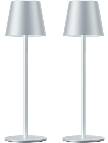 Kakanuo Silver Grey Cordless Lamp Rechargeable - 2 Pack 5000mAH Battery Operated Table Lamp for Counter, 3 Color Stepless Dimming Wireless Lamp for Dining Kitchen, Outdoor Patio, Touch Control - color: Silver, size: 2 Pack 14in - Down Light