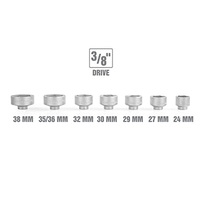 OEMTOOLS 27197 Oil Filter Socket Set, 7 Piece Oil Filter Wrench Set with 24mm, 27mm, 29mm, 30mm, 32mm, 36mm & 38mm Oil Filter Removal Tool for Mercedes, GM, Ford, BMW, MINI, Dodge - style: 7 Piece Socket Set