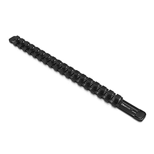 Olsa Tools Socket Organizer - 3/8-Inch Drive Black Aluminum Holder - Stores 18 Chrome or Impact Sockets - Durable Rail Storage for Mechanics - Professional Grade Metric or SAE - Part 1021 - color: Black, size: 3/8-Inch Drive