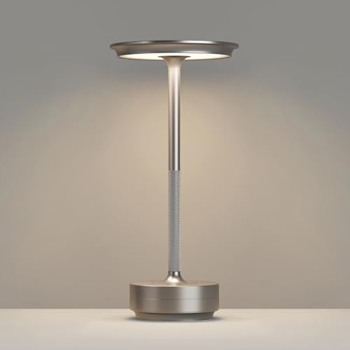 Rechargeable Cordless Table Lamps, 5000mAh Portable LED Table Light, 3 Color Stepless Dimming Battery Powered Metal Table Lamp for Outdoor Patio/Bedroom/Restaurant.(Silver) - color: Silver, size: 1 Pack
