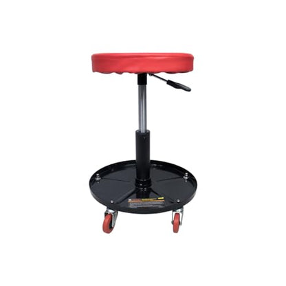 K Tool International 74971 Adjustable Rolling Mechanic Seat for Garages, Repair Shops, and DIY, Pneumatic Lift, (5) 2.5" Swivel Casters, Height Range 14" to 19", 12" Padded Seat, Tool Tray, Black/Red