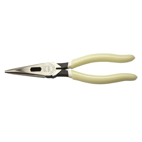 Klein Tools D203-8-GLW Long Nose Pliers, Hi-Viz Glow In the Dark Pliers with Extended Grips For Reach and Leverage, 8-Inch