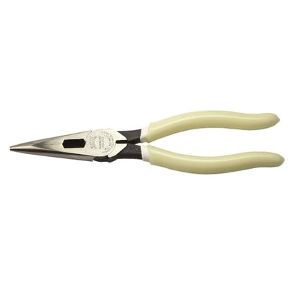 Klein Tools D203-8-GLW Long Nose Pliers, Hi-Viz Glow In the Dark Pliers with Extended Grips For Reach and Leverage, 8-Inch