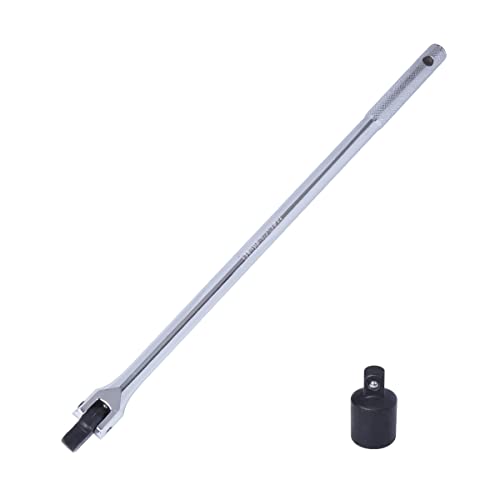 18Inch 1/2 3/8 Breaker Bar 180 Degree Rotatable 1/2 Drive with 1/2 to 3/8 Adapter, Heavy Duty Steel Construction for Breaking Rusted, Stubborn, Stuck Nuts and Bolts