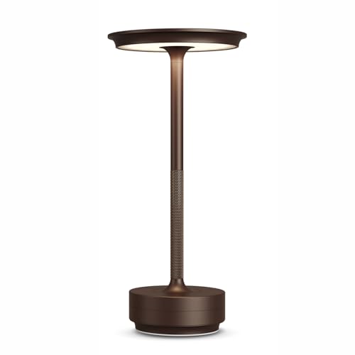 Rechargeable Cordless Table Lamps, 5000mAh Portable LED Table Light, 3 Color Stepless Dimming Battery Powered Metal Table Lamp for Outdoor Patio/Bedroom/Restaurant.(Brown) - color: Brown, size: 1 Pack