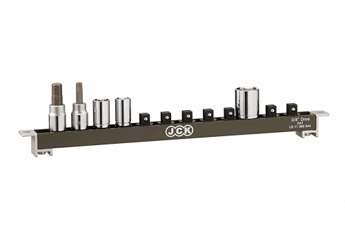 JCK 3/8" Drive Socket Organizer Rail, Brass Locking Studs, 12 Clips | Aluminum 3/8" Socket Rail with 12 Brass-Locking Swivel Clips, Ball Detent Hold, and Mounting Holes for Toolboxes or Walls - style: 3/8" Drive Socket Holder