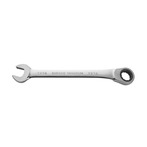 BLACK CANYON 11/16 Inch Ratchet Combination Wrench, 12-Point Box End & Hex Opening, Polished Steel Ratcheting Wrench with SAE & Metric Sizes - size: 11/16 Inch, style: Inch