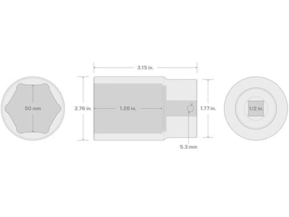 TEKTON 1/2 Inch Drive x 50 mm Deep 6-Point Impact Socket | SID23150 - size: 50 mm