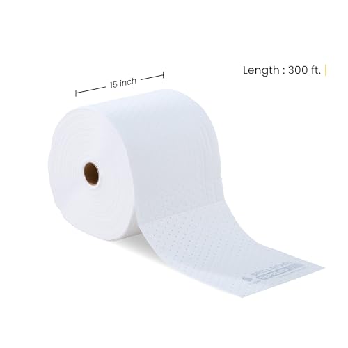 Spill Ready Oil Absorbent Pads Roll 15" x 300' - Hydrophobic Absorbent Mat, Absorbs Up to 40 gal. per roll - Perforated Sorbent Mat Roll for Oil & Fuel Spills, Oil Absorbing Sheets - White Oil Pads | Ideal for Marine, Industrial & Maintenance Areas - colo