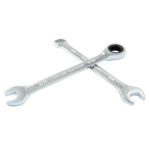 9/16 Inch Ratcheting Wrench 2 Pcs 72-Tooth 12-Point Chrome Plated | Forged 45# Carbon Steel Durable, 5-Degree Arc For Tight Spaces, 12-Point Protects Fasteners, Polished Chrome Anti-Rust - size: 0.56 Inch