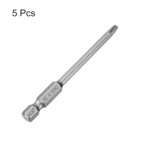 HARFINGTON 5pcs #2 Phillips Screwdriver Bit PH2 1/4" Hex Shank 3" (75mm) Long Magnetic S2 Steel Industrial Grade Screw Driver Bit Cross Head Electric Drill Bits 0.157" (4mm) Rod - size: PH2 x 75mm x 4mm