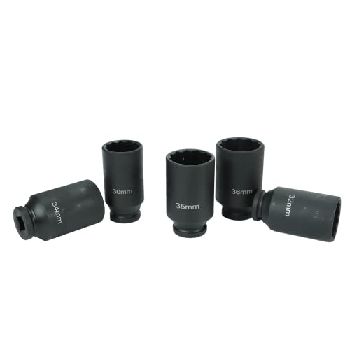 5PCS 1/2 Inch Drive Deep Spindle Axle Nut Impact Socket Set | 12 Point Metric, CR-MO, 30mm 32mm 34mm 35mm 36mm