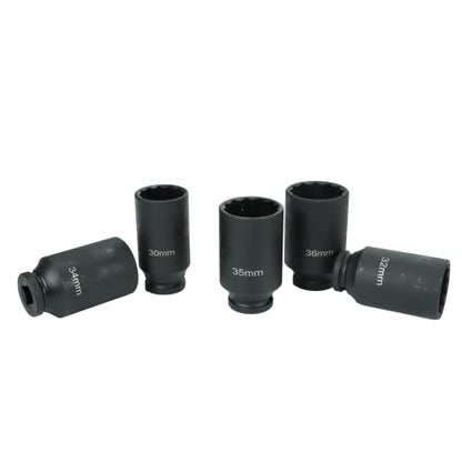 5PCS 1/2 Inch Drive Deep Spindle Axle Nut Impact Socket Set | 12 Point Metric, CR-MO, 30mm 32mm 34mm 35mm 36mm