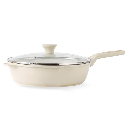 SENSARTE Nonstick Saute Pan with Lid 12-inch/5QT, Non Toxic Ceramic Deep Frying Pan, Dishwasher Safe Skillet with Stay-cool Handle, Healthy Cooking Pot, Induction Compatible, Cream White - color: Antique White, size: 12-inch/5QT