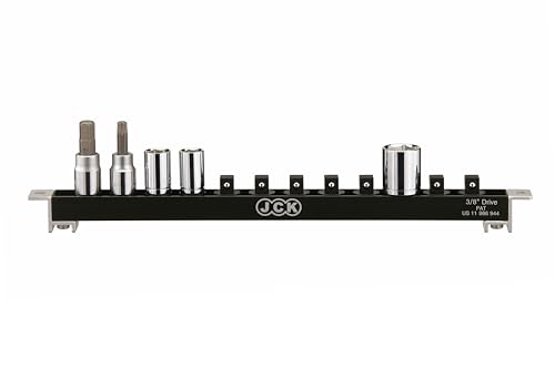 JCK 3/8" Drive Socket Organizer Rail, Brass Locking Studs, 12 Clips | Aluminum 3/8" socket rail with 12 brass-locking swivel clips, ball detent hold, and mounting holes for toolboxes or walls. - style: 3/8" Drive Socket Holder