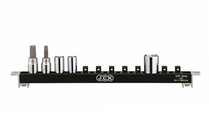 JCK 3/8" Drive Socket Organizer Rail, Brass Locking Studs, 12 Clips | Aluminum 3/8" socket rail with 12 brass-locking swivel clips, ball detent hold, and mounting holes for toolboxes or walls. - style: 3/8" Drive Socket Holder