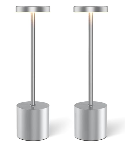 Silver Cordless Table Lamp Rechargeable - 2 Pack 5000mAH Battery Operated Lamp for Counter, 3 Color Stepless Dimming Waterproof LED Wireless Lamp for Dining Kitchen, Outdoor Patio, Touch Control - color: Silver(Set of 2)
