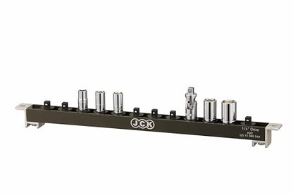 JCK 1/4" Drive Socket Organizer Rail, Brass Locking Studs, 12 Clips | Aluminum 1/4" socket rail with 12 brass-locking swivel clips, ball detent hold, and mounting holes for toolboxes or walls. - style: 1/4" Drive Socket Holder