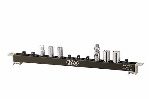 JCK 1/4" Drive Socket Organizer Rail, Brass Locking Studs, 12 Clips | Aluminum 1/4" Socket Rail with 12 Brass-Locking Swivel Clips, Ball Detent Hold, and Mounting Holes for Toolboxes or Walls - style: 1/4" Drive Socket Holder