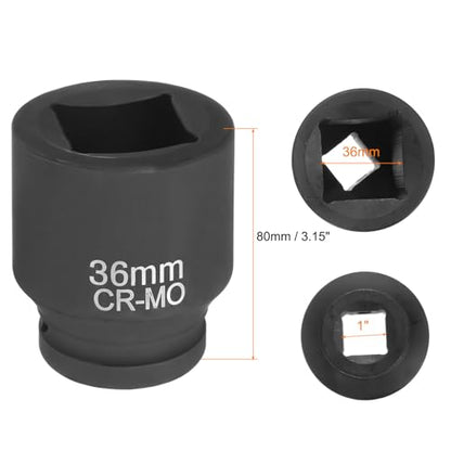 HARFINGTON 4 Point Square Socket 1" Drive 36mm Metric Square Impact Socket CR-MO Blackening Standard Wheel Sleeve Pneumatic Sleeve Tool for Auto Repair Mechanical Maintenance Home Use - size: 1"/36mm