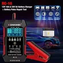 KONNWEI RC-10 Car Battery Tester 12V/24V – 7-Stage Automatic Charger and Pulse Repair Tool, Fast Charging, Trickle Mode, Overheat & Reverse Protection,Fast Charging for Car,Truck,Motorcycle,Marine