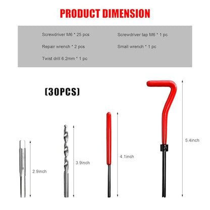 30 PCS M6 x 1.0mm Thread Repair Insert Kit, Stainless Steel Metric Thread Insert Break Off Tools with Drill Bit, Portable Thread Repair Kit Compatible Hand Tool for Car Repairing