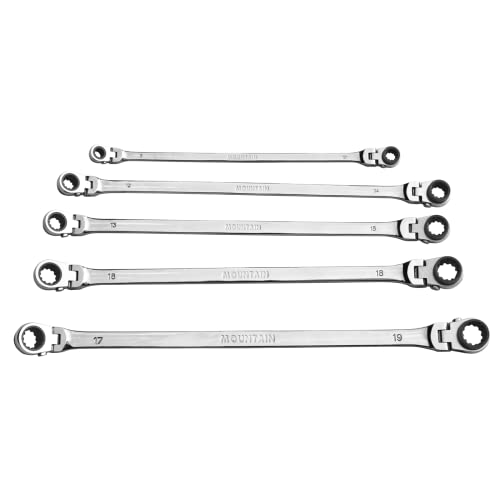 MOUNTAIN RM6, 5 Piece Metric Double Box Universal Spline Reversible Ratcheting Wrench Set, Extra Long Chrome Vanadium Steel, 90 Tooth, 4 Degree Swing Arc, Flexible Design for Hard to Reach Fasteners - size: 8mm-18mm