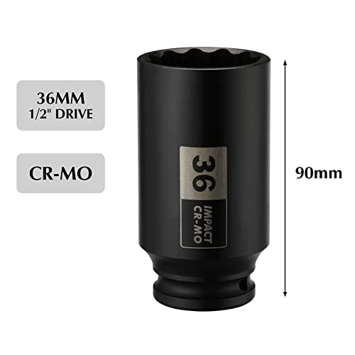 EMENTOL 1/2 Inch Drive Deep Spindle Axle Nut Impact Socket, CR-MO, 12 Point, Metric, Deep 12PT Impact Socket - 36mm - size: 36mm