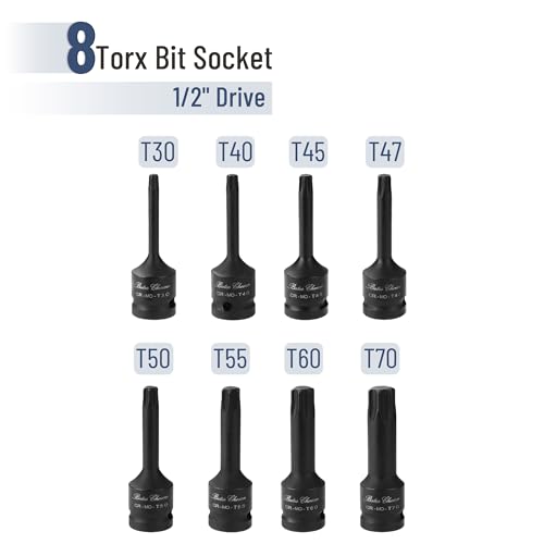 Bates Choice Torx Bit Socket Set, 8 pcs, 1/2 Inch Drive, 3 Inch Long, Cr-Mo Steel, T30-T70, Star Bit Socket Set